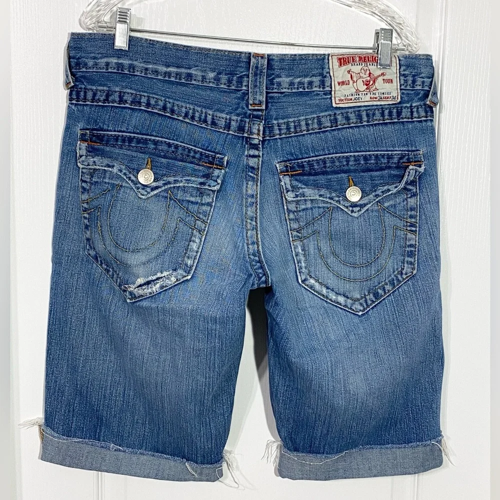Y2K True Religion Joey Distressed Cut Off Cuffed Jean Shorts USA MADE Vintage 34